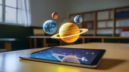 A tablet on a classroom desk displays an augmented reality hologram with planets and cosmos, illustrating the use of AR technology for engaging and interactive learning experiences
