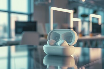 A white earbud is sitting on a table
