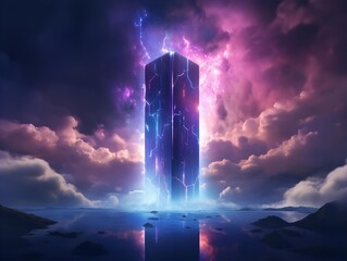 A towering, dark, rectangular monolith with intricate circuitry and glowing purple accents stands amidst a dramatic nightscape.