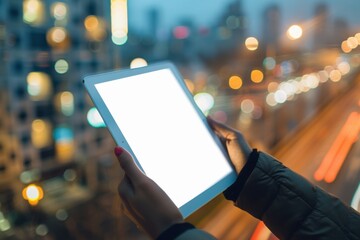 A woman is holding a tablet with a white screen