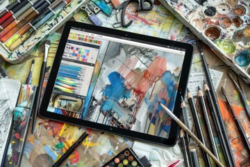 A tablet is on a table with a variety of art supplies, including paintbrushes