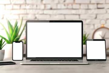 Blank laptop computer mockup and accessories on a white desk in a modern office