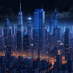 Nighttime view of a technologically city, skyscrapers. background for the technology
