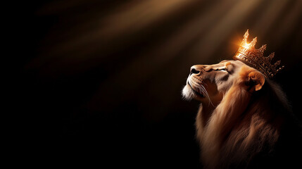 lion wearing golden crown and looking up into beam of light on black background with copy space