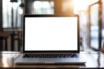 Fototapeta premium Blank laptop computer mockup and accessories on a white desk in a modern office