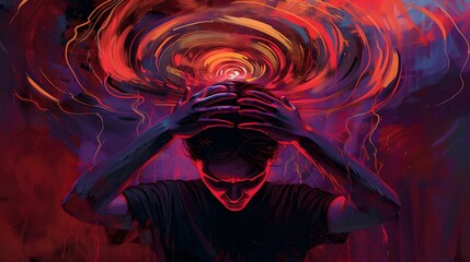 Obraz premium Expressive illustration of a person in pain from a headache with swirling tension