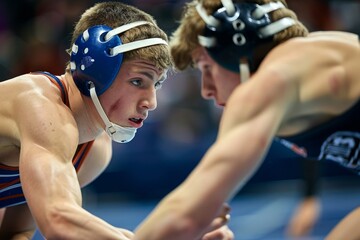 High School boys wrestling in a competitive match, Generative AI