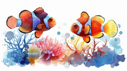 Vibrant Clownfish Swimming Amidst Colorful Sea Anemones in a Detailed Coral Reef Ecosystem