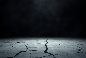 an empty, smoky dark room with a cracked cement floor