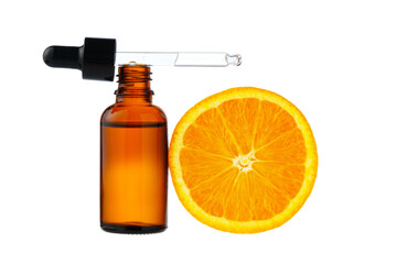 Vitamin C cosmetic bottle in with orange on white background