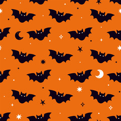 Seamless pattern with bats on an orange background. Vector graphics.