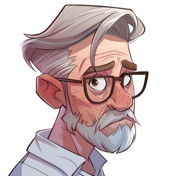 recommend clip art: A quirky cartoon man with stylish brown hair, a short graystreaked beard, and round glasses ready for adventure