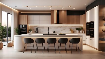 Modern minimalist kitchen interior design with cabinet and chairs, brown color theme elegant home decor kitchen room  