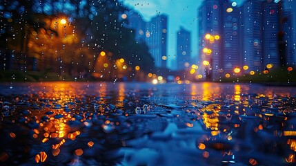 Fototapeta premium raindrops on the asphalt of an empty street, illuminated by soft city lights