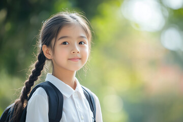 Asian young girl with a backpack on her back is smiling. Concept of innocence and happiness, as the girl appears to be enjoying her time outdoors