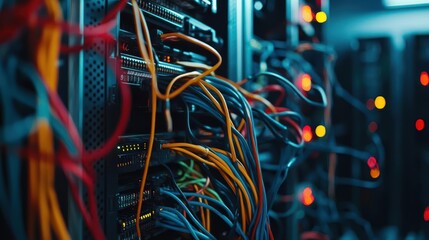 Close-up of tangled network cables in a server rack.