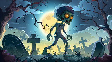 Caricatura de un zombi en un cementerio bajo la luz de la luna