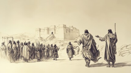 The people of Israel bringing gifts and offerings to David palace, expressing their loyalty and gratitude for his leadership in defeating the Philistines.,1 Chronicles,DavidHouse and the Philistines.