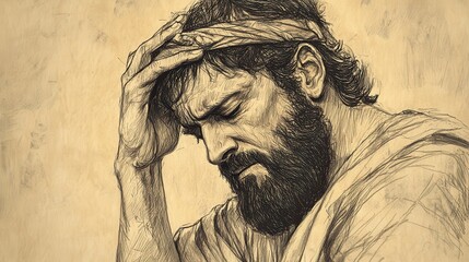 Fototapeta premium Biblical Illustration of Jehoram Reflecting on His Life and Choices in 2 Chronicles, Weak and Suffering, Realizing Too Late the Cost of His Actions, Beige Background