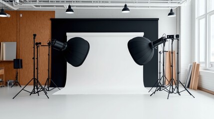Spacious photography studio with lighting equipment and backdrop. Minimalist design includes large softbox lights, a white backdrop, and additional stands.