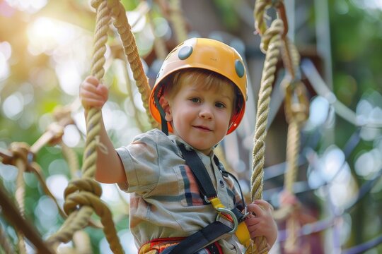 Happy little kid boy climbing on high rope course trail. Active child making adventure and action on family vacations. Challenge for brave kids, Generative AI