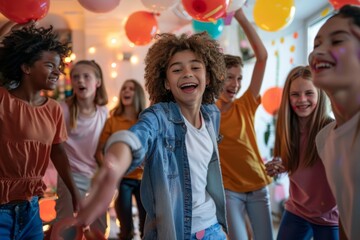 Fototapeta premium Glad cheerful smiling boys and girls behaving jokingly during friend birthday party, Generative AI