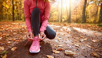 Running pink shoes runner woman tying laces for autumn run in forest park