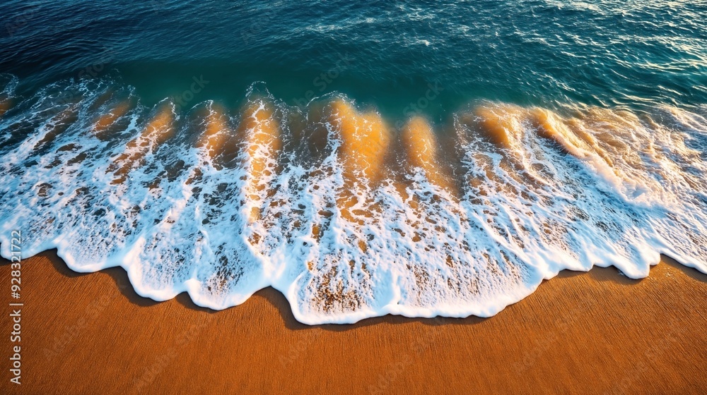 Wall mural aerial view of ocean waves gently crashing onto a sandy beach, creating a beautiful contrast between