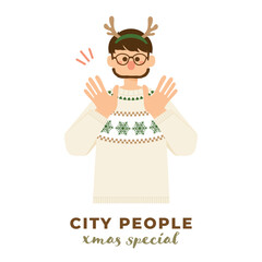 Christmas-themed character illustration. Young man wears antlers-styling head accessory and white Christmas sweater showing happy, surprised and cheerful expressions. Xmas party people.

