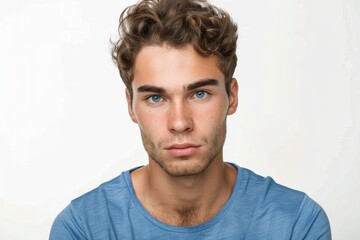 Close up face of a young man without emotions. Beautiful emotionless guy in a blue t-shirt looking to the camera, isolated over white background, Generative AI