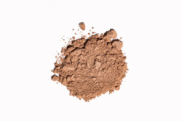 Crushed face powder bronzer, powder isolated on white background, space for text, cosmetics swatch texture