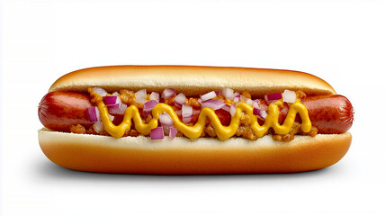 hot dog with a juicy sausage in a soft bun, topped with mustard and ketchup, isolated on a white background