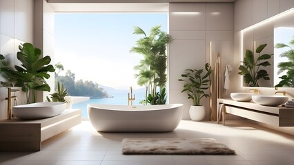 Naklejka premium Modern minimalist luxurious bathroom interior design with modern bathtub, elegant home decor washroom 