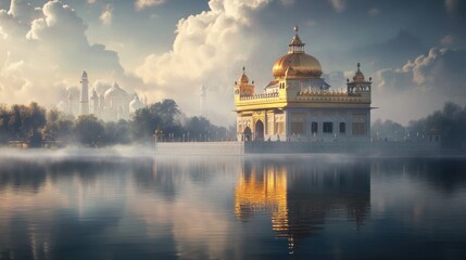 Fototapeta premium Peaceful scene of a Sikh gurdwara with its golden dome reflecting in still waters, symbolizing purity and spiritual tranquility
