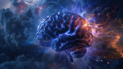 Obraz premium Brain Electricity. Human brain impulse . Mixed media: brain, thunder, lightning, electricity, thinks, creativity, science, head, technology, energy