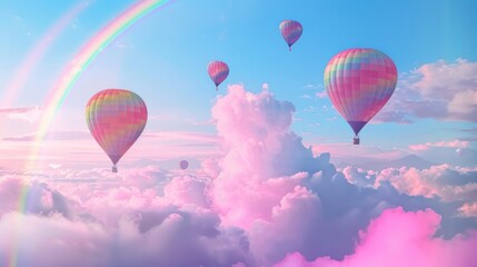 Obraz premium f Bright balloons and vivid rainbows on a blue sky with pink clouds, Colorful hot air balloons above the clouds, Hot air balloons in the sky with rainbow and clouds, fantasy background