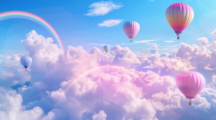 Fototapeta premium f Bright balloons and vivid rainbows on a blue sky with pink clouds, Colorful hot air balloons above the clouds, Hot air balloons in the sky with rainbow and clouds, fantasy background