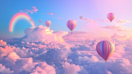 Obraz premium f Bright balloons and vivid rainbows on a blue sky with pink clouds, Colorful hot air balloons above the clouds, Hot air balloons in the sky with rainbow and clouds, fantasy background