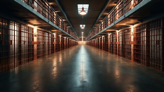 A long, empty corridor in a prison with multiple rows of cells on both sides and overhead lighting.