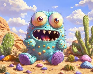 Cute cartoon monster sitting in a colorful desert landscape filled with cacti and rocks under a bright, sunny sky.