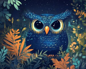 Obraz premium Illustration of a vibrant, wide-eyed owl amidst colorful foliage under a starry night sky. Perfect for nature and wildlife themes.
