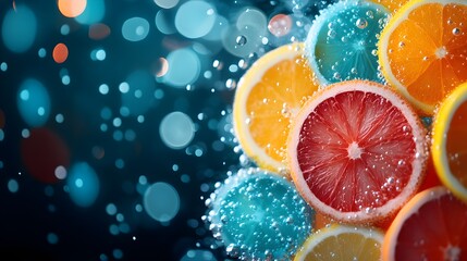 A holographic citrus spritzer, with neon blue bubbles and glowing orange, lemon, and grapefruit slices, futuristic, cyberpunk, digital art, high contrast.