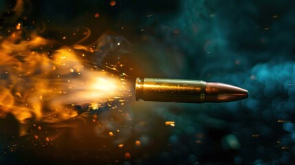 Fototapeta premium bullet is shot in the air with a glowing flame, slow motion, on dark background