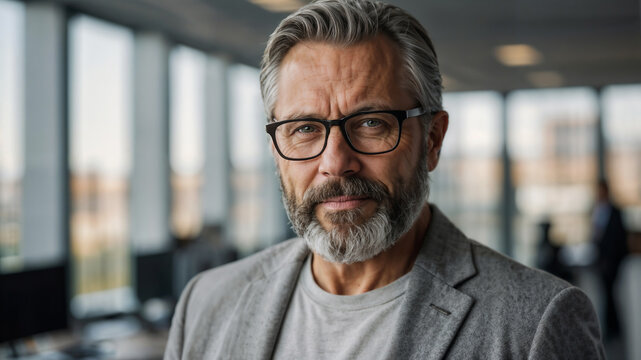 Bellissimo uomo d'affari di 50 anni con occhiali, capelli e barba brizzolati in un moderno ufficio con vestito elegante