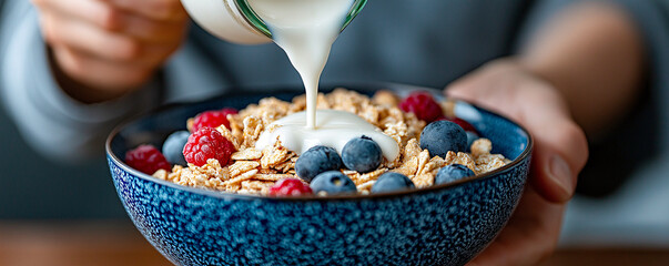 Fototapeta premium Pouring Milk on Cereal for Breakfast.