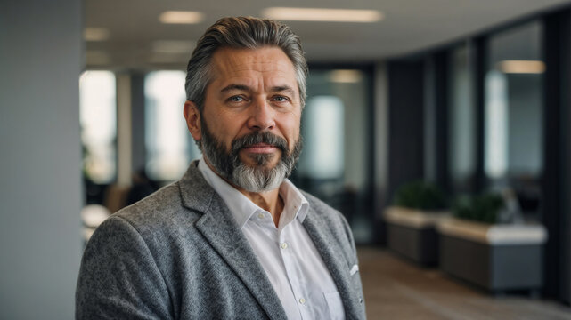 Bellissimo uomo d'affari di 50 anni con capelli e barba brizzolati in un moderno ufficio con vestito elegante