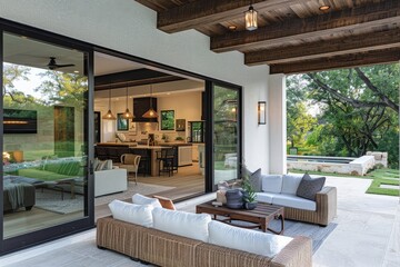 Charming back porch with wood flooring, ceiling, and light fixtures, surrounded by white columns and greenery, featuring a hanging lantern above the dining area.