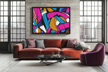 Contemporary urban living room mockup vibrant street art inspired framed wall art print gray brick wall big windows city view and a red soft couch with pillows and copy space