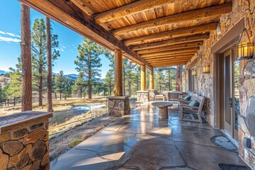 Fototapeta premium Luxurious modern back porch in a Colorado pine forest, featuring stone columns, wood beams, large bench seating area, and concrete floor, captured from a low angle.