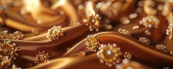 Fototapeta premium Luxurious fabric background with intricate floral patterns, showcasing elegance and richness in warm tones.